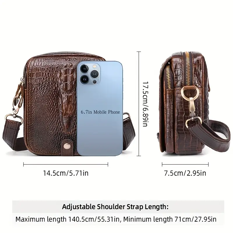 SCHLATUM Genuine Leather Crossbody Bag with Adjustable Strap - Crocodile-Textured Design, Top Layer Cowhide, Multiple Zipper Compartments & Metal Clasp Closure for Travel, Phone, Essentials (Brown/Black) - Image 3