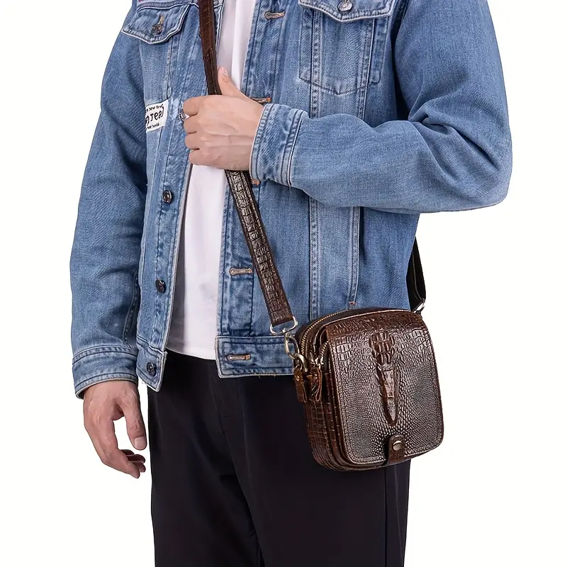 SCHLATUM Genuine Leather Crossbody Bag with Adjustable Strap - Crocodile-Textured Design, Top Layer Cowhide, Multiple Zipper Compartments & Metal Clasp Closure for Travel, Phone, Essentials (Brown/Black) - Image 2