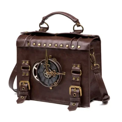 Vintage Steampunk Shoulder Bag – Brown with Gear Accents, Detachable Crossbody Strap, Perfect for Halloween & Parties, Gothic Purse