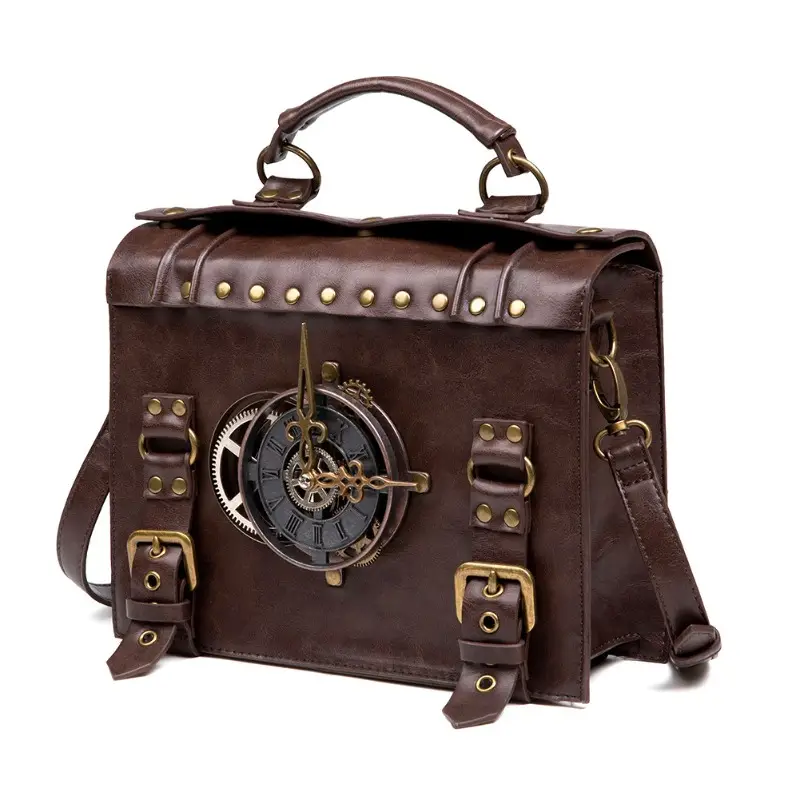 Vintage Steampunk Shoulder Bag - Brown with Gear Accents, Detachable Crossbody Strap, Perfect for Halloween & Parties, Gothic Purse