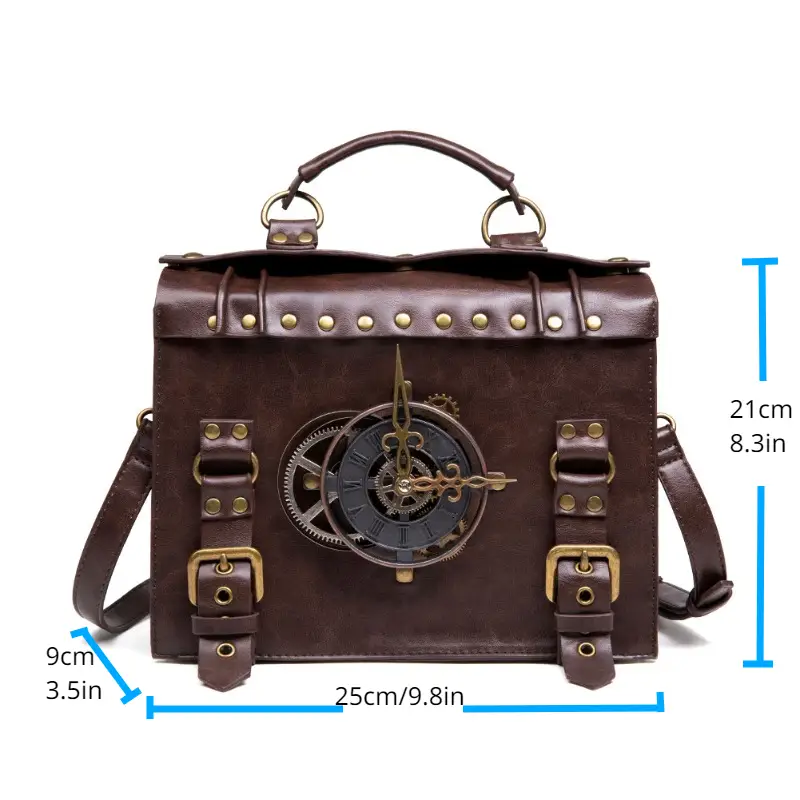 Vintage Steampunk Shoulder Bag - Brown with Gear Accents, Detachable Crossbody Strap, Perfect for Halloween & Parties, Gothic Purse - Image 2
