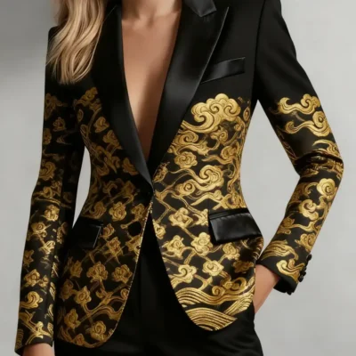 Women’S Elegant Black & Golden Floral Print Business Casual Suit Jacket – Structured X-Line Tailored Fit, Single-Breasted Long Sleeve Blazer with Golden-Tone Buttons, All-Season Professional Office & Semi-Formal Wear, Versatile for Work, Weddings