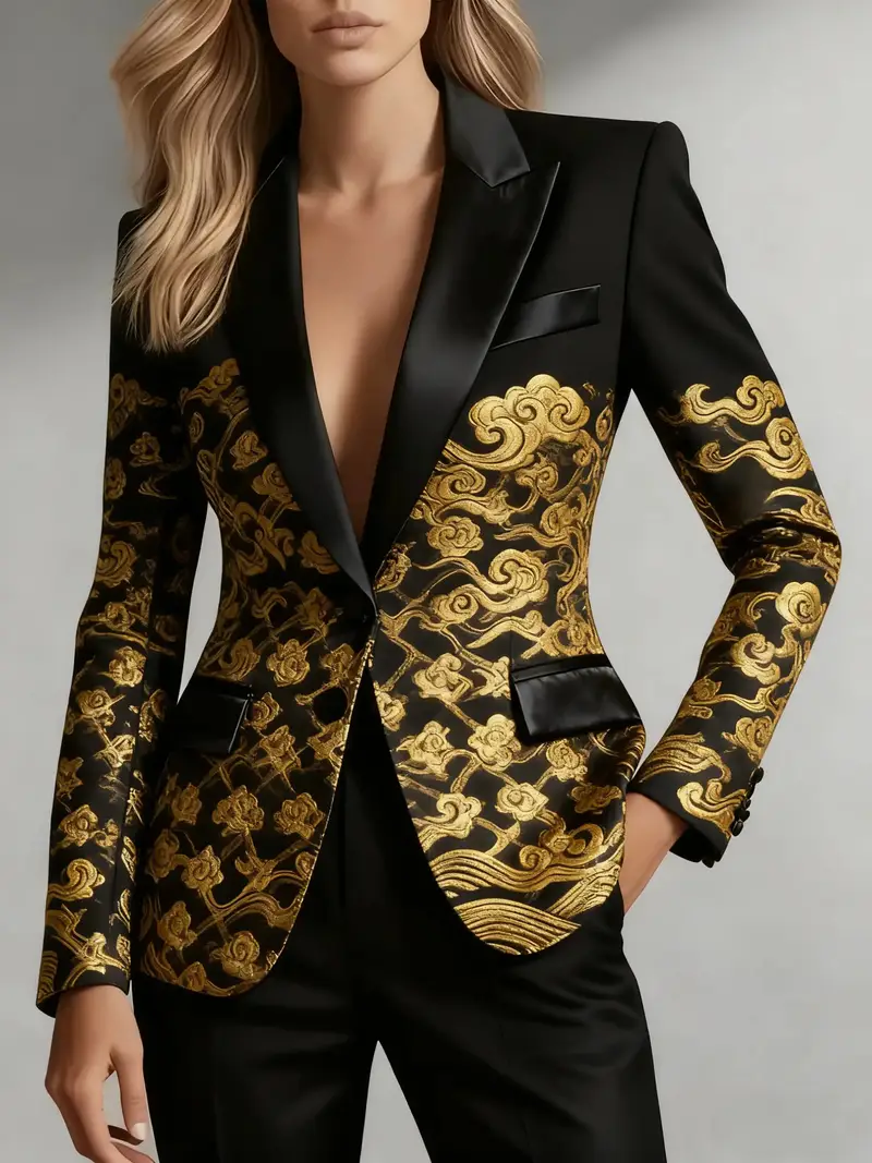 Women'S Elegant Black & Golden Floral Print Business Casual Suit Jacket - Structured X-Line Tailored Fit, Single-Breasted Long Sleeve Blazer with Golden-Tone Buttons, All-Season Professional Office & Semi-Formal Wear, Versatile for Work, Weddings