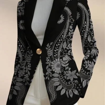 Women’S Elegant Floral Print Blazer – Long Sleeve Button-Up Jacket with X-Line Silhouette, ///, & Geometric Pattern, Fall/Winter Outerwear for Office, Parties, Casual Events – Women’S Fashion Coat, Ladies Blazers