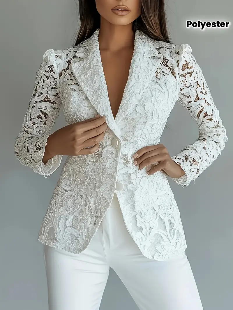 Women'S Elegant Semi-Transparent Lined Spring/Summer/Fall Blazer - Solid Color, Regular Fit, Long Sleeve, Button-Up Front, Polyester Lining, No Belt, Casual Style Jacket|Semitransparent Lining|Polyester Fabric