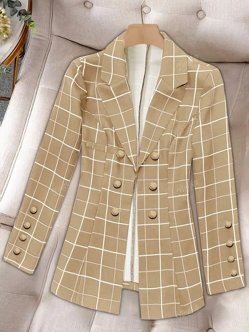 Women's Elegant Lapel Blazer Jacket - Structured Loose-Fit Striped Tailored Coat with White Piping, Long Sleeve Winter Winter Office & Formal Wear, Machine Washable (No Belt) - Professional & Casual Outerwear - Image 4