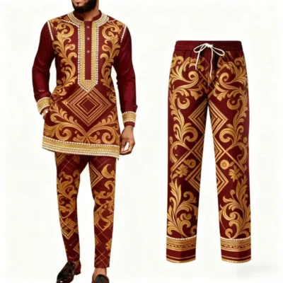 2pcs Men'S Elegant Wine Red & Golden Traditional African-Inspired Suit Set - Long Sleeve Lapland Collar Jacket & Matching Pants with Pockets, All-Season Formal & Semi-Formal Outfit for Weddings, Cultural Events, Holidays