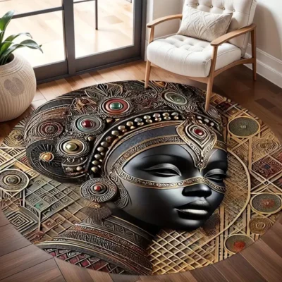 Vintage African Tribal Design Round Mat – Soft, Absorbent, Machine Washable Polyester Mat for Living Room, Bedroom, Study, Game Room – 0.47 Inch Thick, Intricate Geometric & Animal Patterns, Perfect for Indoor Decor, Rugs for Living room