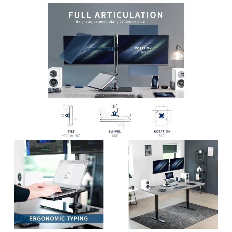 Freestanding Dual Computer Monitor and Laptop Combo Desk Stand with Glass Base, Fits up to 32 inch Monitors and 17 inch Laptops, Black, STAND - V003FGL