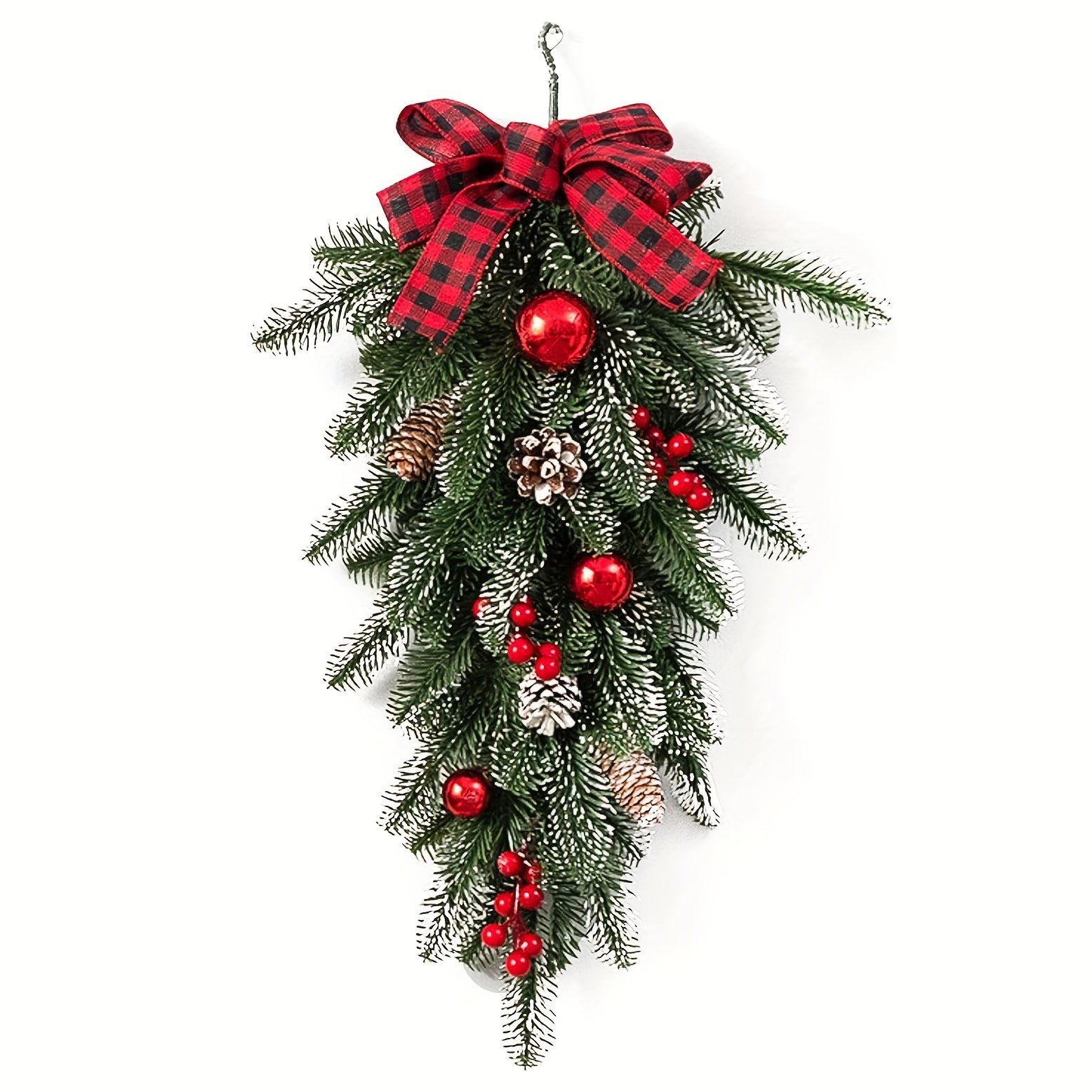 Large Artificial Christmas Garland with Red & Golden Pine Cones, Holly Berries, Golden Bows & Plaid Ribbon - Heavy-Duty Plastic Stair Railings/Wall Decorations for Home, Office, Parties - Easy Hook Installation (No Maintenance)