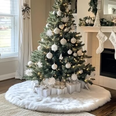 [Christmas Decorations] 1pc White Plush Christmas Tree Skirt with Fluffy Edge – Multi-Size Soft Holiday Decor, Modern Floor Protector for Standard & Large Trees, Easy-Clean Xmas Party Decoration for Home or Events, The Christmas Tree Skirt Party Decorations, Christmas Decorations for Home Indoor, Nativity Christmas Tree Skirt, Christmas Skirts for Tree, Large Christmas Decorations, Festive Celebration, Elegant Decor, Highquality Stitching, Lightweight Construction, Seasonal Accessory