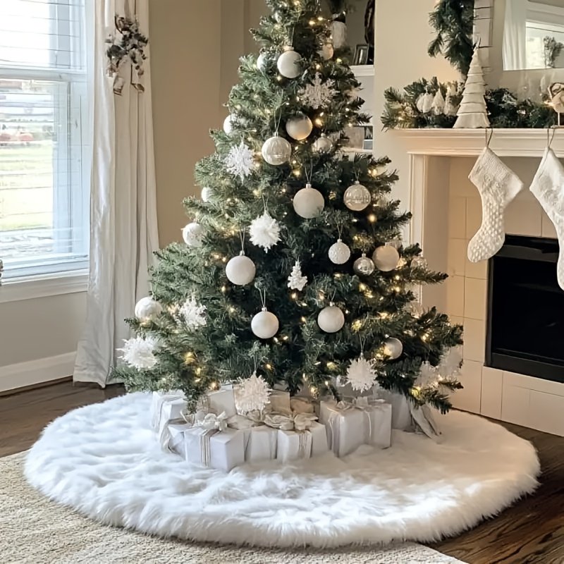[Christmas Decorations] 1pc White Plush Christmas Tree Skirt with Fluffy Edge - Multi-Size Soft Holiday Decor, Modern Floor Protector for Standard & Large Trees, Easy-Clean Xmas Party Decoration for Home or Events, The Christmas Tree Skirt Party Decorations, Christmas Decorations for Home Indoor, Nativity Christmas Tree Skirt, Christmas Skirts for Tree, Large Christmas Decorations, Festive Celebration, Elegant Decor, Highquality Stitching, Lightweight Construction, Seasonal Accessory