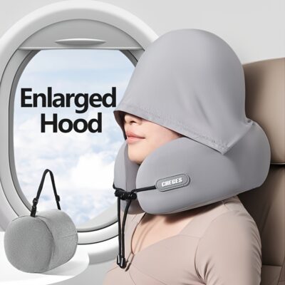 Travel pillow - U-shaped neck pillow with hood. This travel neck pillow is suitable for aircraft neck pillows, providing comfortable and lightweight support for the adult head and neck. It comes with a storage bag.