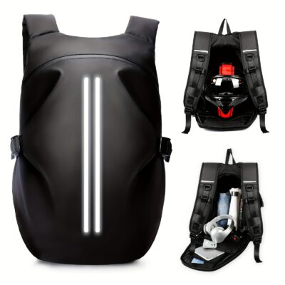 High-Visibility Reflective Motorcycle Helmet Backpack - Durable PVC Soft Shell with Zipper Closure, Multiple Pockets & Ergonomic Design for Outdoor Sports, Cycling, Hiking - Black, Motorcycle Gear, Hiking Accessory, Sleek Design, Sturdy Construction