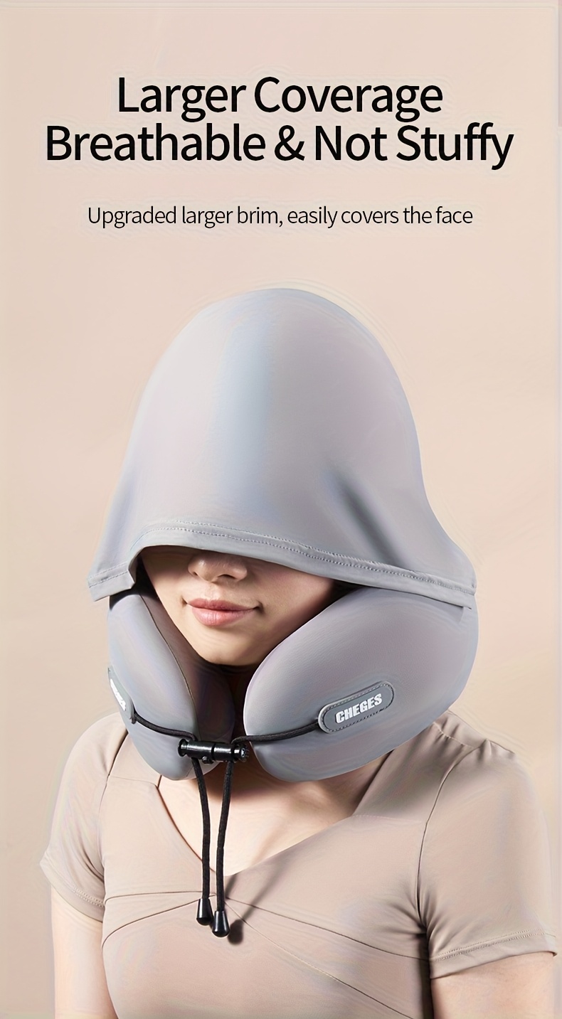 Travel pillow - U-shaped neck pillow with hood. This travel neck pillow is suitable for aircraft neck pillows, providing comfortable and lightweight support for the adult head and neck. It comes with a storage bag.