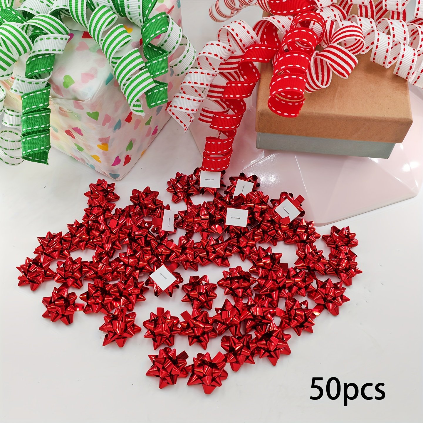 50pcs Mini Christmas Star Bows - Golden, Silvery, Red, Green, Blue, Magenta | Metallic Finish Self-Adhesive Decor for Xmas Tree, Home Decor, Wreath Decor, Festive Decor & Gift Wrapping - Image 8