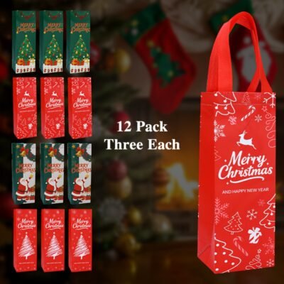 24pcs and 12pcs Elegant Christmas Red Wine Champagne Gift Bag Set – Heavy-Duty Non-Woven Reusable Bottle Sleeve, Festive Design in red/green with Snowflake, Deer & Bell Patterns, Durable Material for Holiday Parties, New Year’s Eve, Birthdays, Weddings etc. Large Capacity