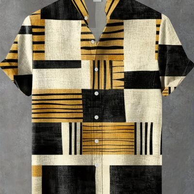 Men’s Retro Modern Shirt – Black/Beige/Color Block Button-Up Collar Shirt, Non-Stretch Fabric for Formal & Casual Attire – Machine Washable Adult Men’s Clothing, Versatile Wardrobe Staple, Bold Contrast Print, Durable Construction, Short Sleeve Top, Fashionforward Men