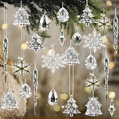 [No Electricity Needed] 35pcs Bohemian Christmas Tree Ornaments – Transparent Icicle Pendants, Durable Plastic Holiday Decor for Wedding & Engagement Party, Winter Wonderland Decorations