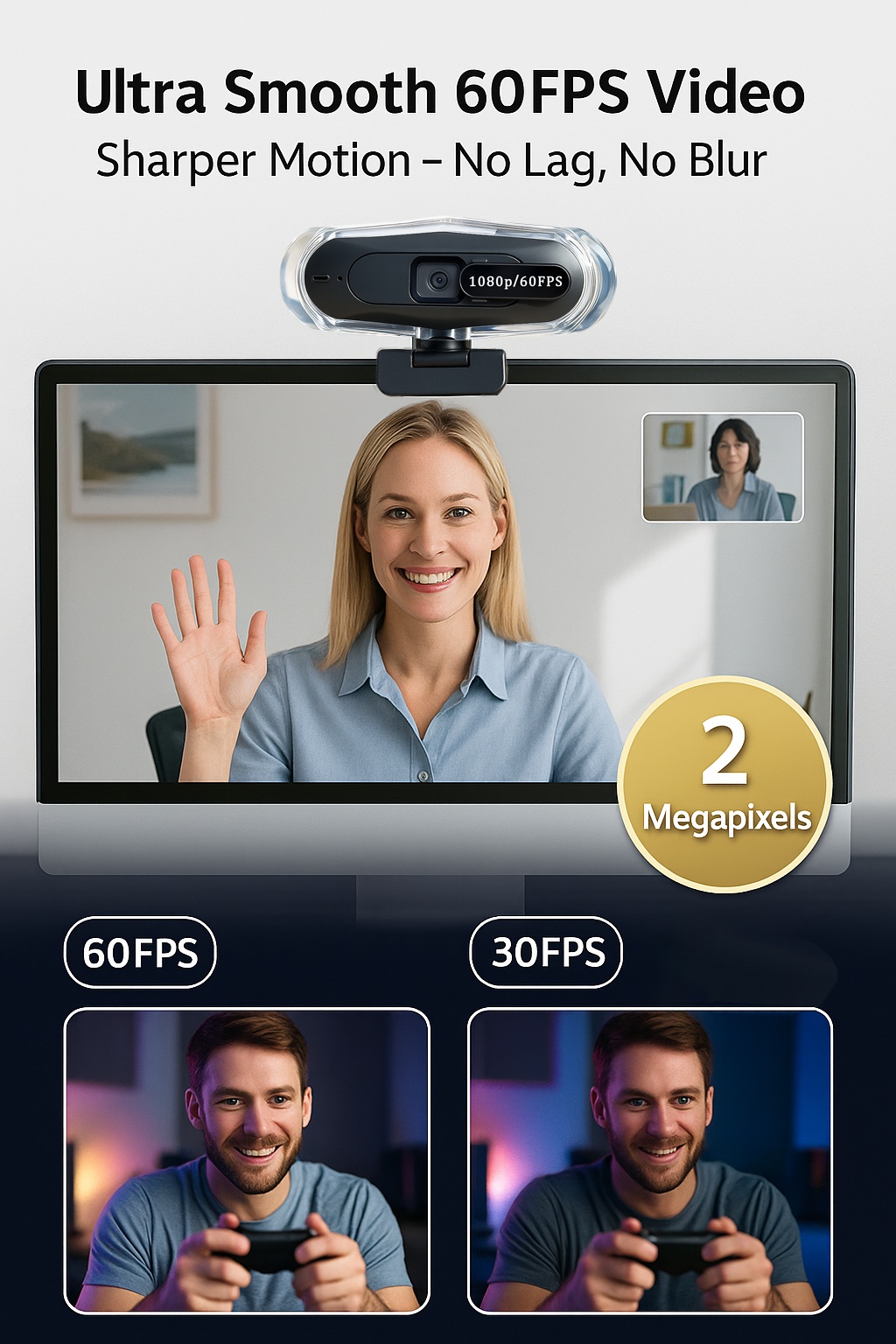 1080P@60FPS USB Network Camera with Auto Focus, HDR Auto Light Compensation & Dual Noise Reduction Microphone, RGB Lighting, Privacy Cover, Plug and Play - Compatible with USB 2.0 and Type-C for Streaming, Gaming Live Streaming, Video Calls, and Meetings, Camera For Streamer, Webcam For Pc, Laptop Stand, Webcam Stand, Pc Accessory, Monitor Arm