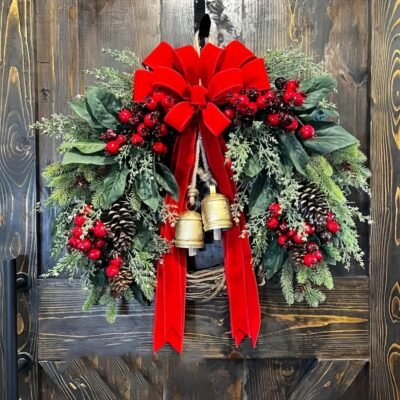 Large Rustic Farmhouse Christmas Wreath with Golden Bells, Red Berries & Pine Cones – Heavy-Duty Plastic /Outdoor Door Hanging Decoration, Burgundy Bow & Green Foliage for Front Door, Mantel, Year-Round Holiday Décor (Golden/Green)