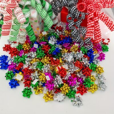 50pcs Mini Christmas Star Bows – Golden, Silvery, Red, Green, Blue, Magenta | Metallic Finish Self-Adhesive Decor for Xmas Tree, Home Decor, Wreath Decor, Festive Decor & Gift Wrapping