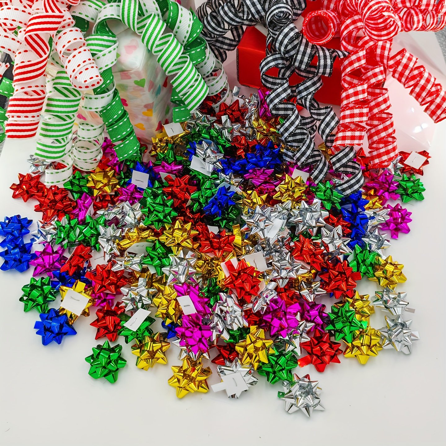50pcs Mini Christmas Star Bows - Golden, Silvery, Red, Green, Blue, Magenta | Metallic Finish Self-Adhesive Decor for Xmas Tree, Home Decor, Wreath Decor, Festive Decor & Gift Wrapping