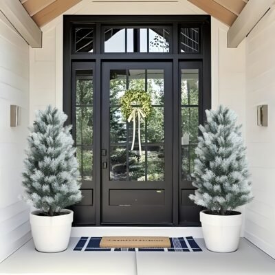 2pcs Artificial Christmas Pine Trees with Black Spiked Base – Realistic Indoor/Outdoor Holiday Decor, Weather-Resistant Plastic, No Maintenance Modern Miniature Greenery for Garden & Patio, Perfect for Christmas & Thanksgiving, Christmas Decorations