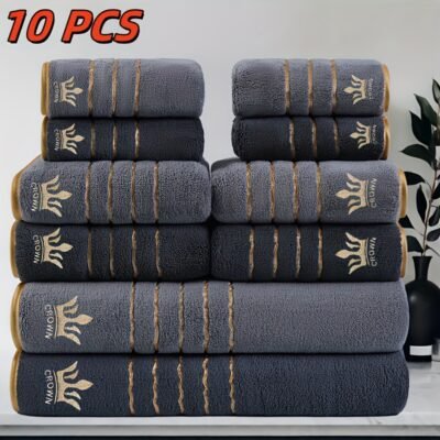 10pcs Luxury Bath Towel Set with Golden Crown & Stripe Design – Extra Large 70x140cm/27.5x55in, Large 42x70cm/16.5×27.5in, Small 35x35cm/13.7in – Plush Microfiber Spa Towels in Elegant Dark Brown & Golden for Bathroom, Gym, Hotel, Spa – Ideal Gift Set with Black & Golden Trim, Ultra-Soft & Durable, Perfect for Home or Travel, Includes Bath, Hand, and Face Towels, Towels Bath Towels, Bathroom Towels