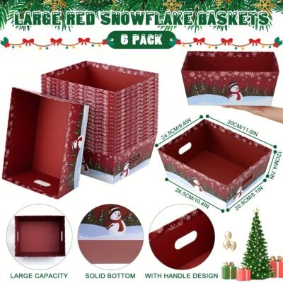 6 Sets (12 Large Baskets) Red Christmas Gift Baskets with Snowman Design & Sturdy Cardboard Construction – Assembly with Handles, Spacious Empty Baskets for Holiday Parties, Xmas Decorations, Gift Wrapping & Storage – Durable Party Supplies for Home