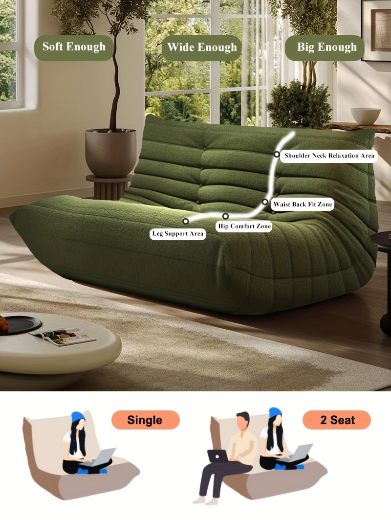 [Double Sofa Chair] Large Double Sofa, Couple's Bean Bag Chair, Teddy Velvet, No Assembly Required | Adult Bean Bag Chair, Compression Sofa, Sofa for Two, Armless Lounge Chair, Suitable for Multiple Room Types, Creative Fireplace Chair