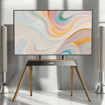 AESOME Heavy Duty Floor TV Stand Easel Studio TV Stand FIts 40 to 86 Inch Smart LED Tvs, Trapezoidal Legs, Height Adjustable Corner TV Mount for Home, Studio, Office