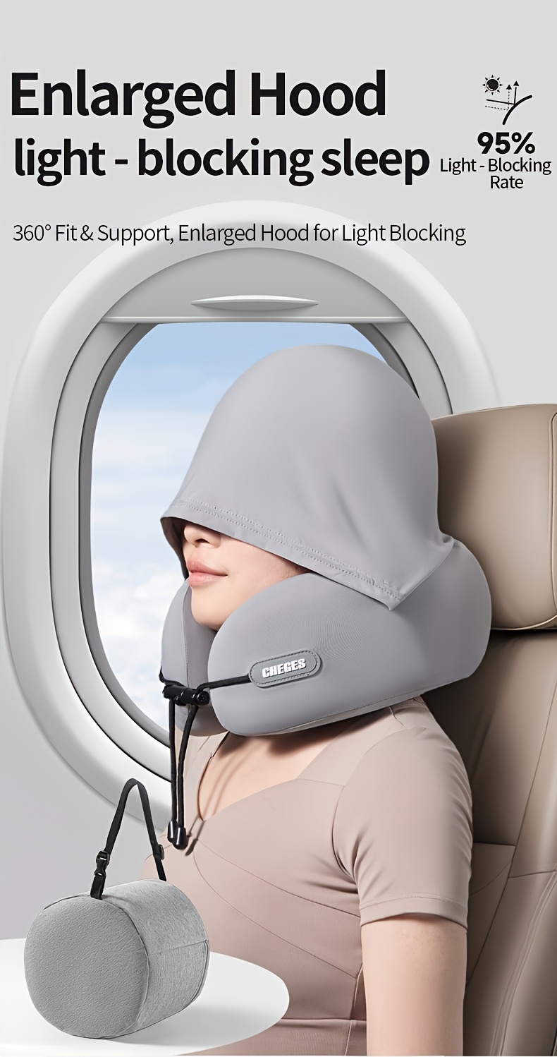 Travel pillow - U-shaped neck pillow with hood. This travel neck pillow is suitable for aircraft neck pillows, providing comfortable and lightweight support for the adult head and neck. It comes with a storage bag.