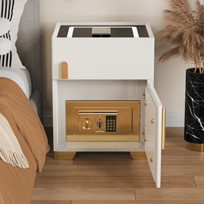 White Modern Luxury Nightstand with Built-in Safe & Key Lock - Solid Hardwood Portable Bedside Table, No Assembly Required, Compact Storage Cabinet for Bedroom Security & Organization, Bedroom Accessories