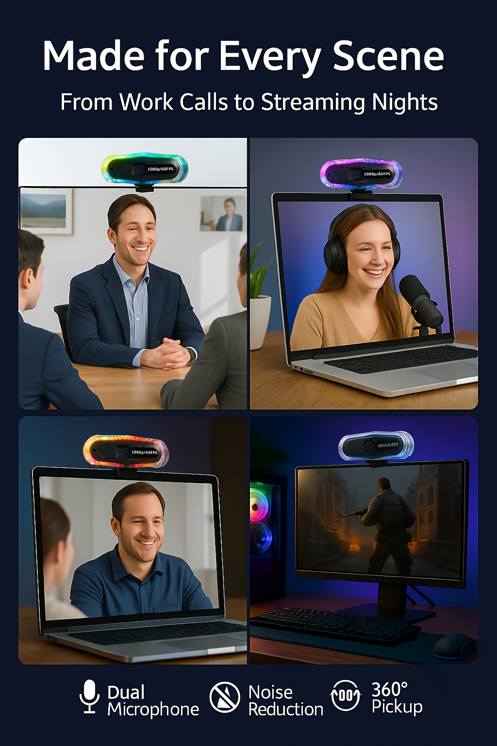 1080P@60FPS USB Network Camera with Auto Focus, HDR Auto Light Compensation & Dual Noise Reduction Microphone, RGB Lighting, Privacy Cover, Plug and Play - Compatible with USB 2.0 and Type-C for Streaming, Gaming Live Streaming, Video Calls, and Meetings, Camera For Streamer, Webcam For Pc, Laptop Stand, Webcam Stand, Pc Accessory, Monitor Arm