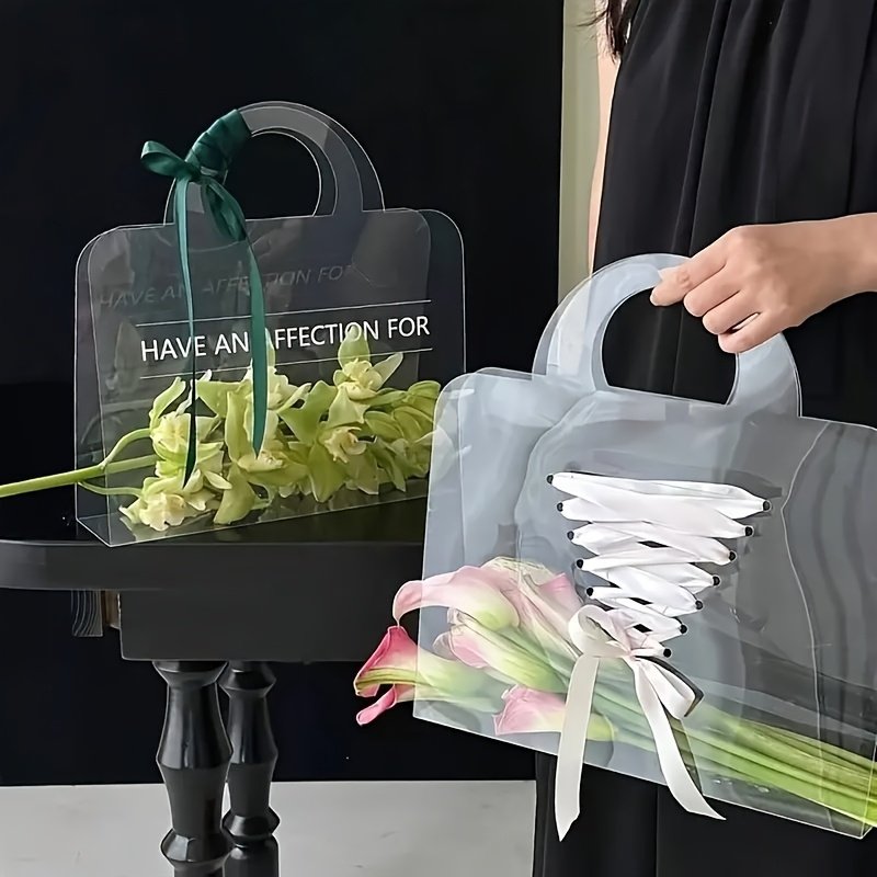 1pc Transparent PVC Plastic Floral Gift Bags, Portable Tote, for Valentine'S Day, Wedding, Birthday Bouquet, DIY Creative Carrying Gift Pouches - Image 4