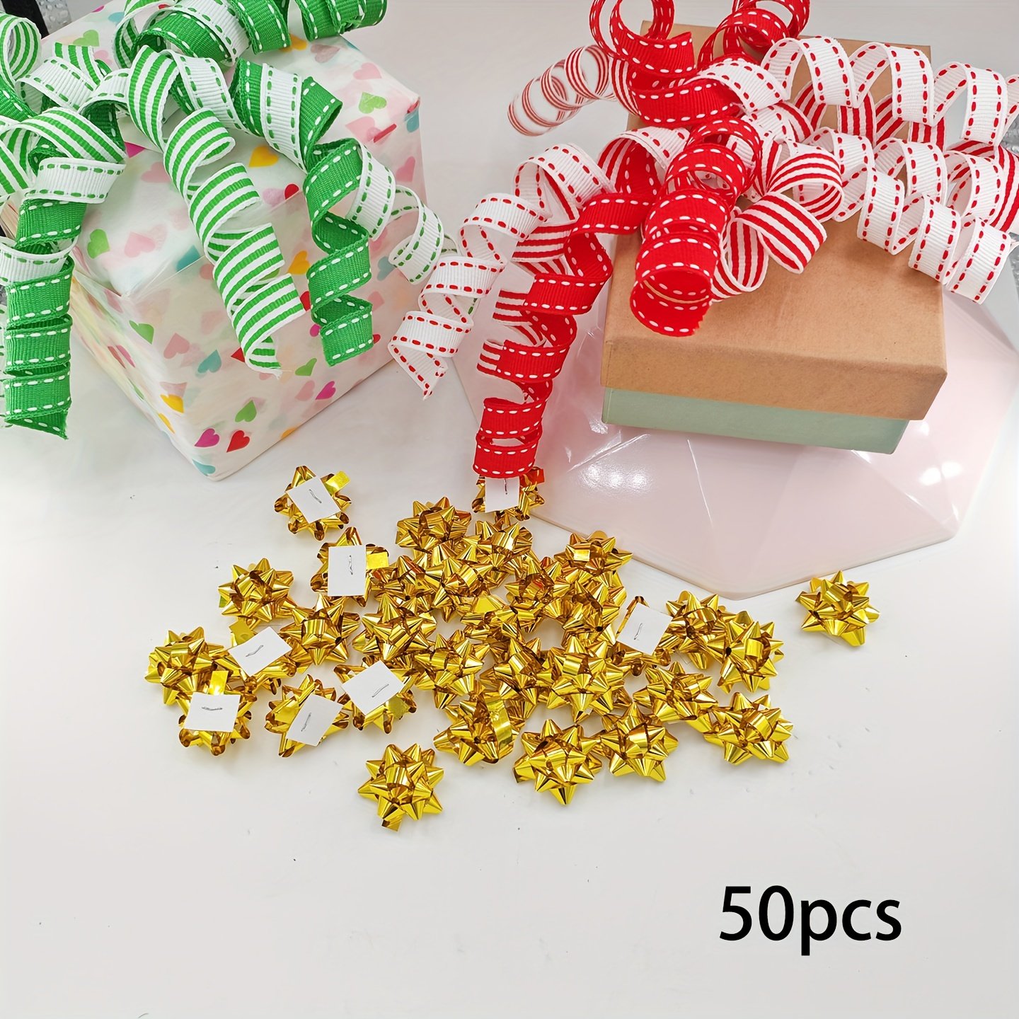 50pcs Mini Christmas Star Bows - Golden, Silvery, Red, Green, Blue, Magenta | Metallic Finish Self-Adhesive Decor for Xmas Tree, Home Decor, Wreath Decor, Festive Decor & Gift Wrapping - Image 4