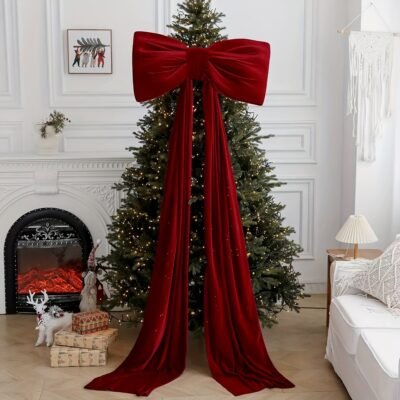 [Elegant Bow Garland] Large Burgundy Red Bow Garland – Elegant Christmas Mantel & Fireplace Door Decoration, Wedding/Party Arch Decor – 1pc Durable Bowknot with Ribbon Bow Accent for Xmas Tree Topper, Door Hanger (No Feathers)
