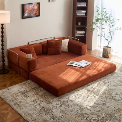 Modern Convertible Sofa Bed with Memory Foam Cushions & Corduroy Fabric - Foldable Modular Sectional Sleeper, Frame, No Assembly Required, Space-Saving Design for Small Apartments, Living Room, Bedroom - Easy Storage & Delivery, Warm Orange Color, Ideal for Studios & Guest Rooms - Multi-Functional Furniture with Plush Comfort & Durable Construction, Sofa Bed Foldable, Boneless Sectional Sofa for Living Room, Modular Couch, Sectional Couch for Living Room,