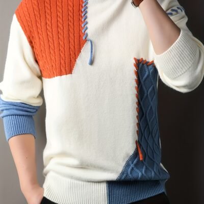 Men’s Thick Warm Sweater – Soft Winter Knit Sweater with Black/White/Gray Color Block, Round Neck Pullover for Formal & Casual Outfits – Non-Transparent Cold Weather Sweater for Everyday & Special Events, Knit Sweater, Youth Fashion Top, Soft Comfortable Fabric, Seasonal Clothing, Stylish Knitwear, Durable Material, Adult Men