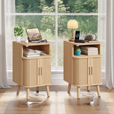 26.7" Tall Modern Nightstand Set with Charging Station for Living Room, 15.75'' Wide Wood Mid Century Tall End Tables with Sliding Tambour Door, Curved Round Edge Bedroom Bedside Tables, Natural Oak