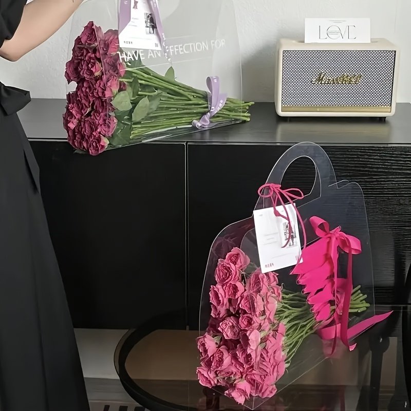 1pc Transparent PVC Plastic Floral Gift Bags, Portable Tote, for Valentine'S Day, Wedding, Birthday Bouquet, DIY Creative Carrying Gift Pouches - Image 2