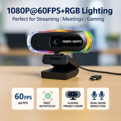1080P@60FPS USB Network Camera with Auto Focus, HDR Auto Light Compensation & Dual Noise Reduction Microphone, RGB Lighting, Privacy Cover, Plug and Play - Compatible with USB 2.0 and Type-C for Streaming, Gaming Live Streaming, Video Calls, and Meetings, Camera For Streamer, Webcam For Pc, Laptop Stand, Webcam Stand, Pc Accessory, Monitor Arm