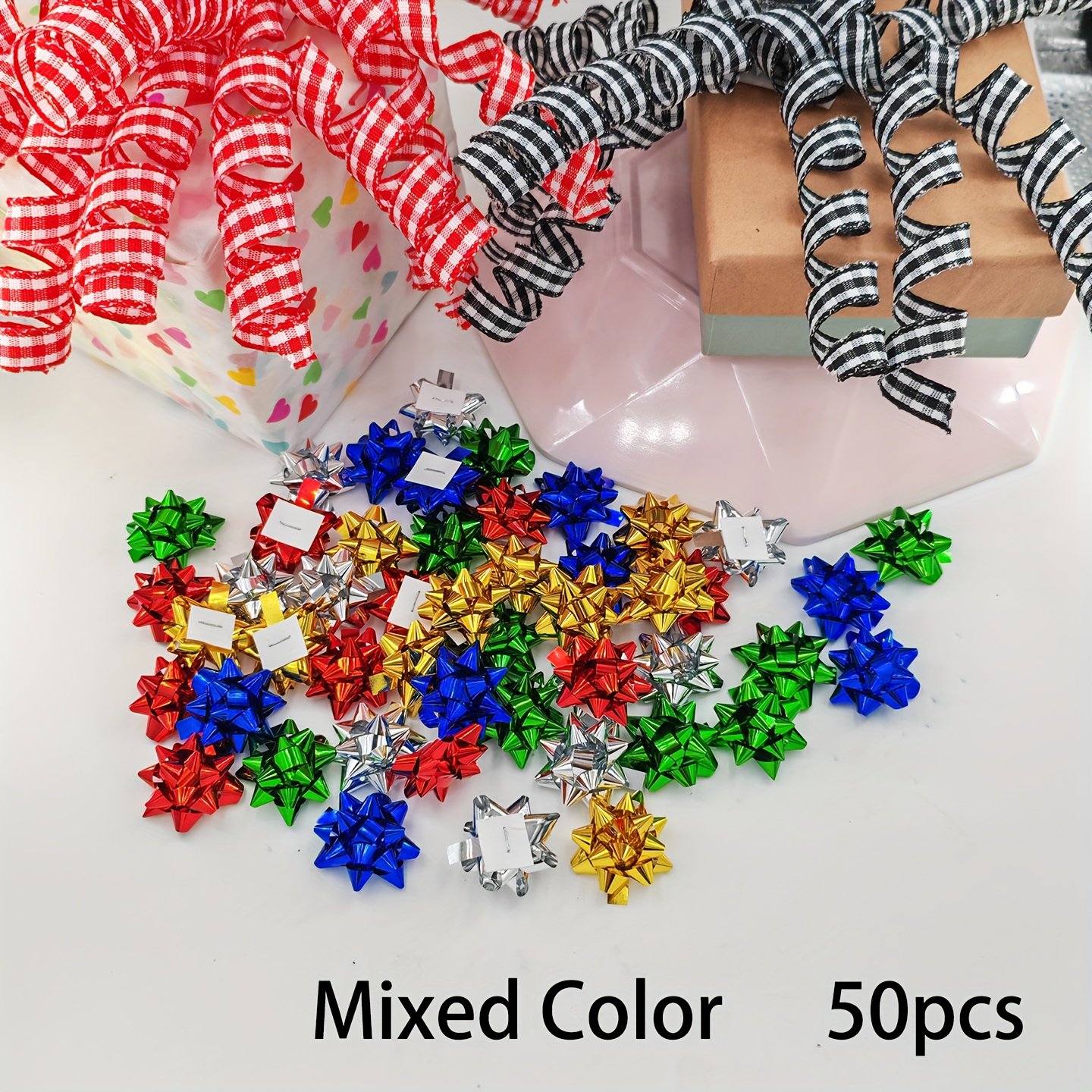 50pcs Mini Christmas Star Bows - Golden, Silvery, Red, Green, Blue, Magenta | Metallic Finish Self-Adhesive Decor for Xmas Tree, Home Decor, Wreath Decor, Festive Decor & Gift Wrapping - Image 20
