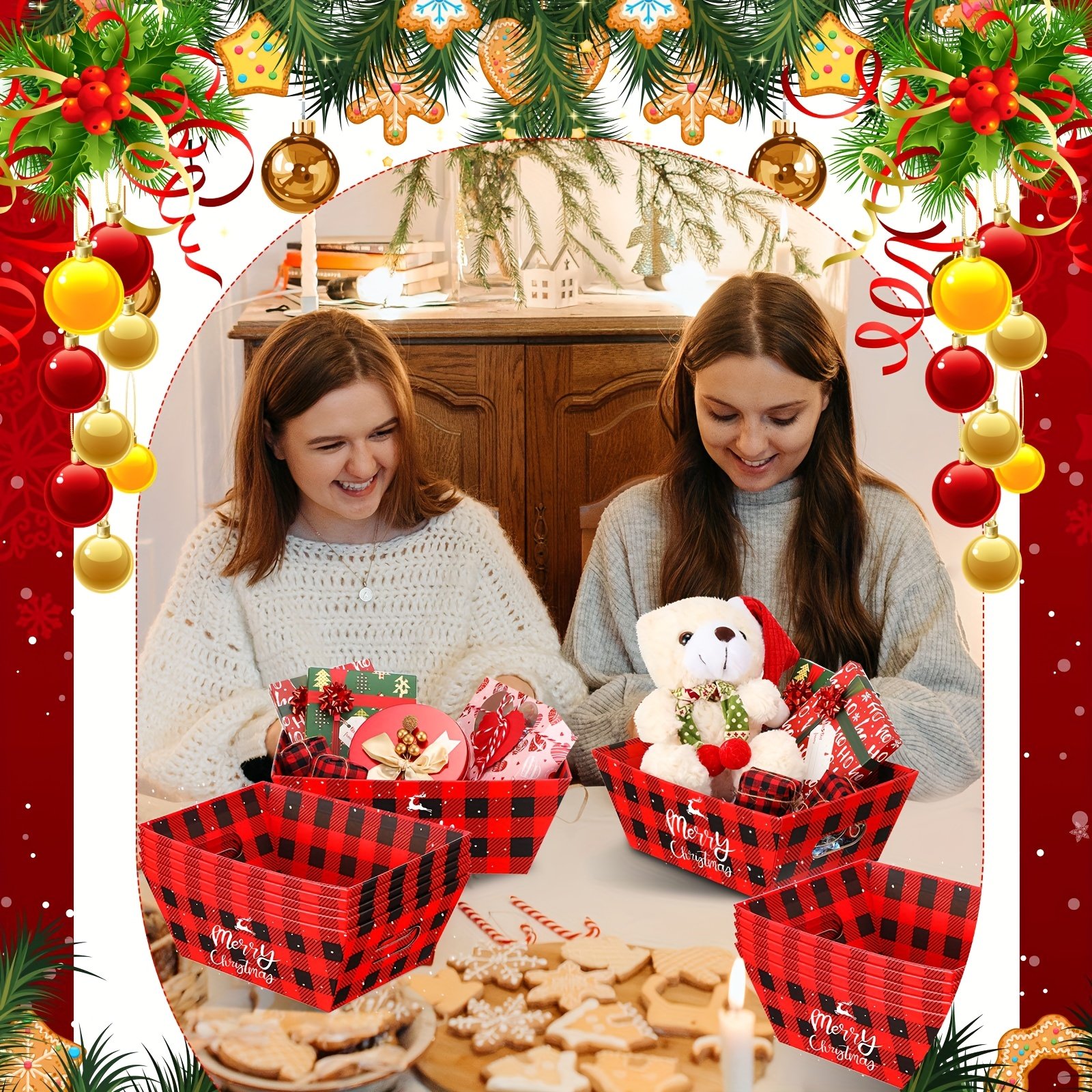 36pcs Bulk Christmas Gift Basket Set - Sturdy Cardboard Baskets with Red Buffalo Plaid & Pull Bows (12 Baskets + 12 Bows) Large Holiday Boxes for Xmas Stocking Stuffers, Party Favors, Corporate Gifts - Easy Assembly - Image 2