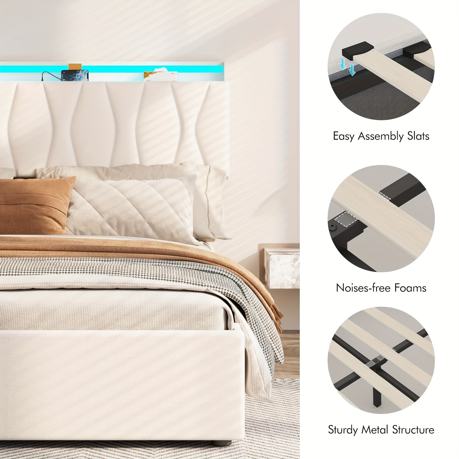 Modern Storage Bed Frame with Adjustable Height Headboard & Hydraulic Lift - /Outlet Charging Station, Built-In LED, Noise-Free Mechanism, Under-Bed Storage System, Space-Saving Design, Hardwood/Metal Construction, Easy Assembly (Compatible with Smart Home Systems) - Ideal for Bedrooms & Contemporary Decor, Queen Bed Frame With Storage, King Size Bed Frame, Bed Frame Full Size