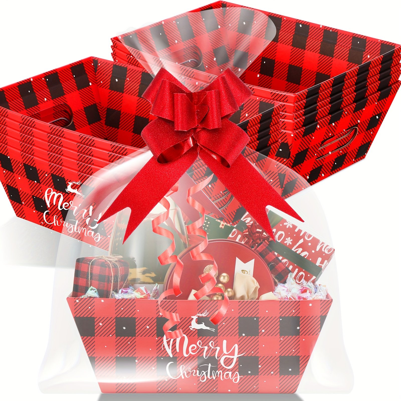 36pcs Bulk Christmas Gift Basket Set - Sturdy Cardboard Baskets with Red Buffalo Plaid & Pull Bows (12 Baskets + 12 Bows) Large Holiday Boxes for Xmas Stocking Stuffers, Party Favors, Corporate Gifts - Easy Assembly