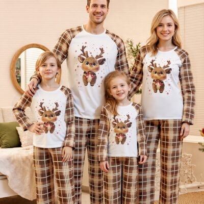 Parent-Child Matching Christmas Pajama Sets – Family Holiday Sleepwear with Reindeer Print & Plaid Design, Cozy Long Sleeve Round Neck Outfits for Parents & Kids, Soft Winter Pajamas for Family Movie Nights & Xmas Photos, Cute Dog Outfit Option (One