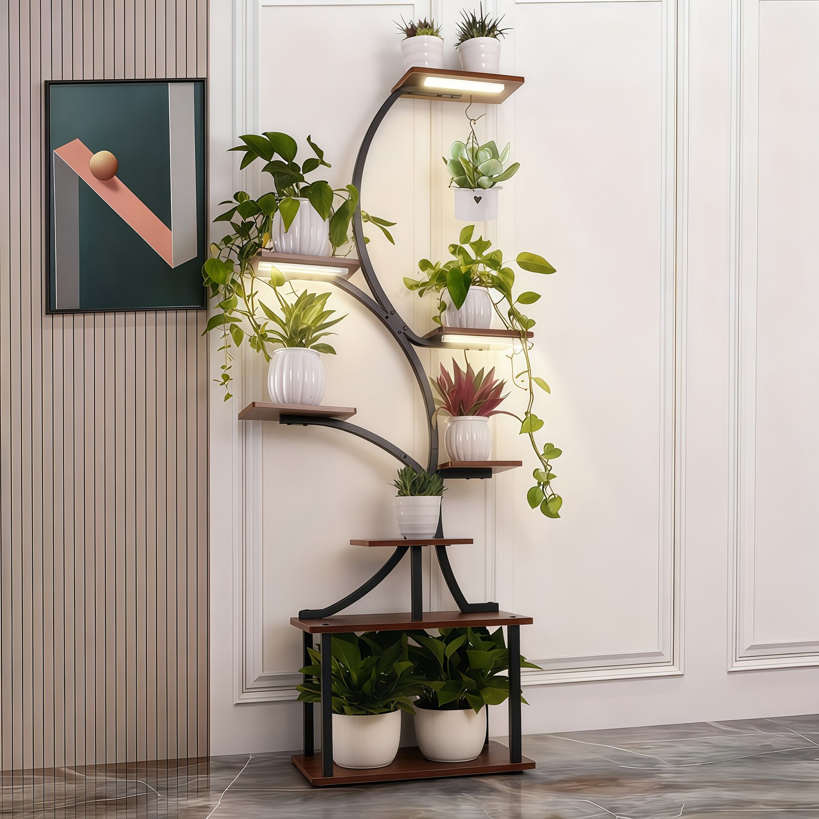 Multi-Level Illuminated Plant Stand: Modern American Home Fashion Indoor Gardening Solution - Displays 8+ Plants, Warm Lighting & Space-Saving Design - Plant Representative for Indoor Plants