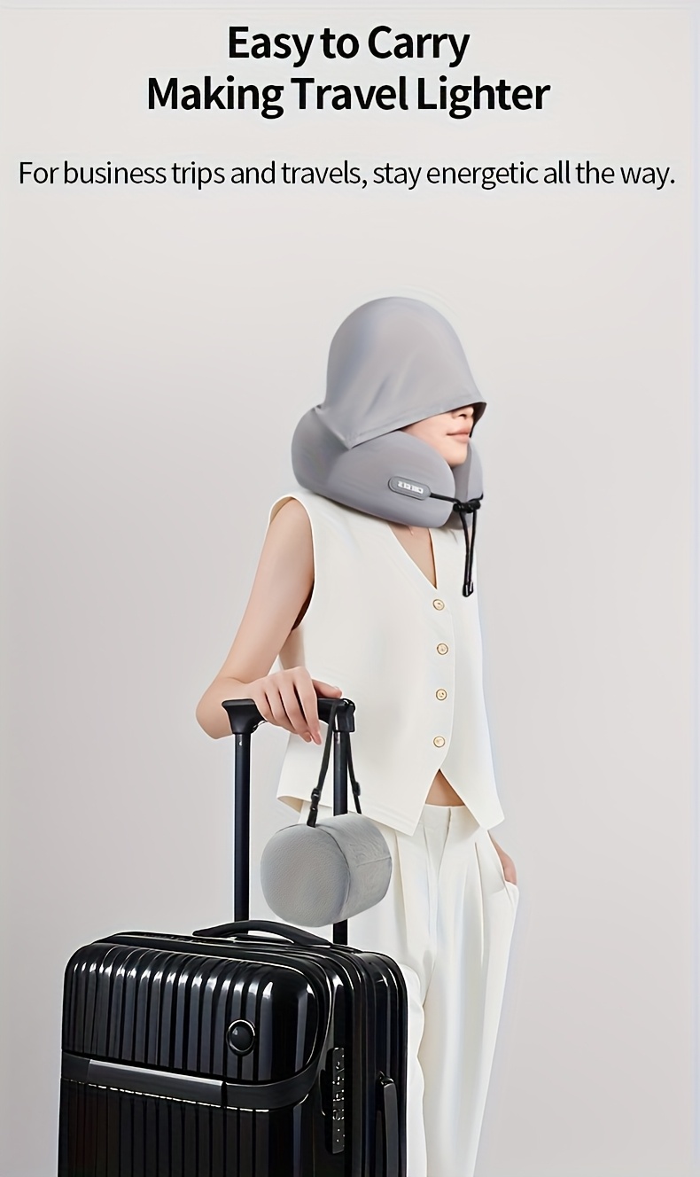 Travel pillow - U-shaped neck pillow with hood. This travel neck pillow is suitable for aircraft neck pillows, providing comfortable and lightweight support for the adult head and neck. It comes with a storage bag.